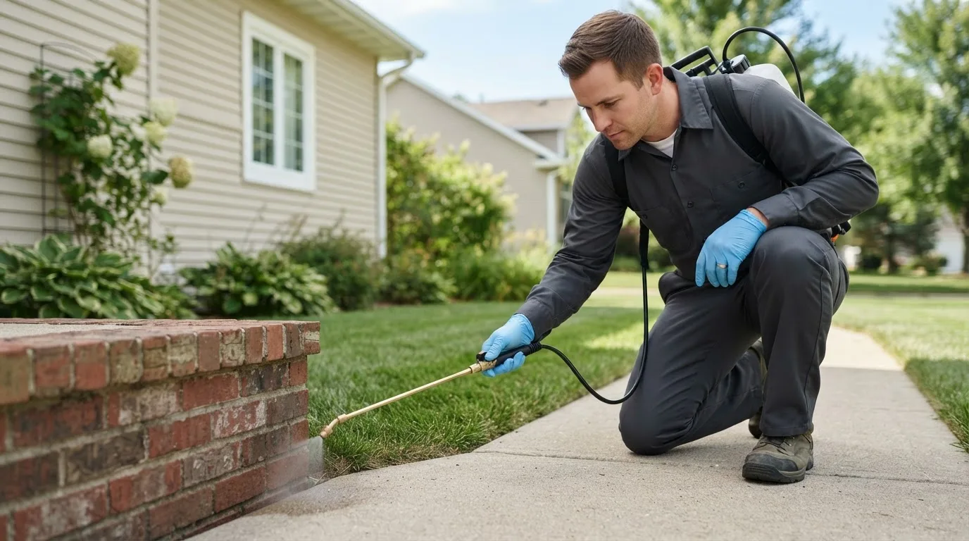 Pest control technician treating a home near Garden City, IA
