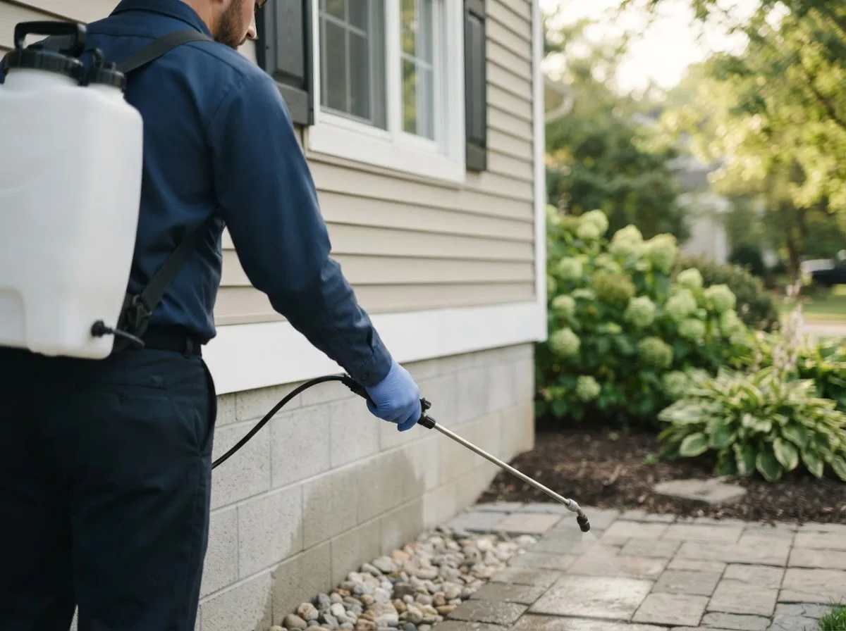 Pest control technician inspecting a home in Garden City, IA
